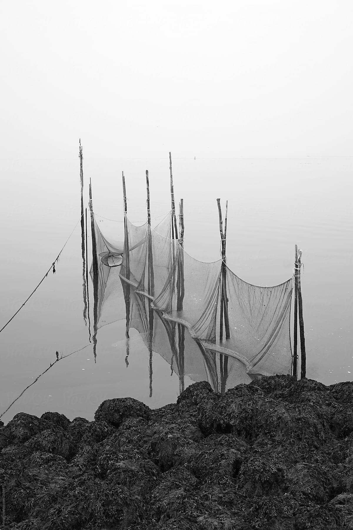 Fishing nets on poles, standing in the sea
