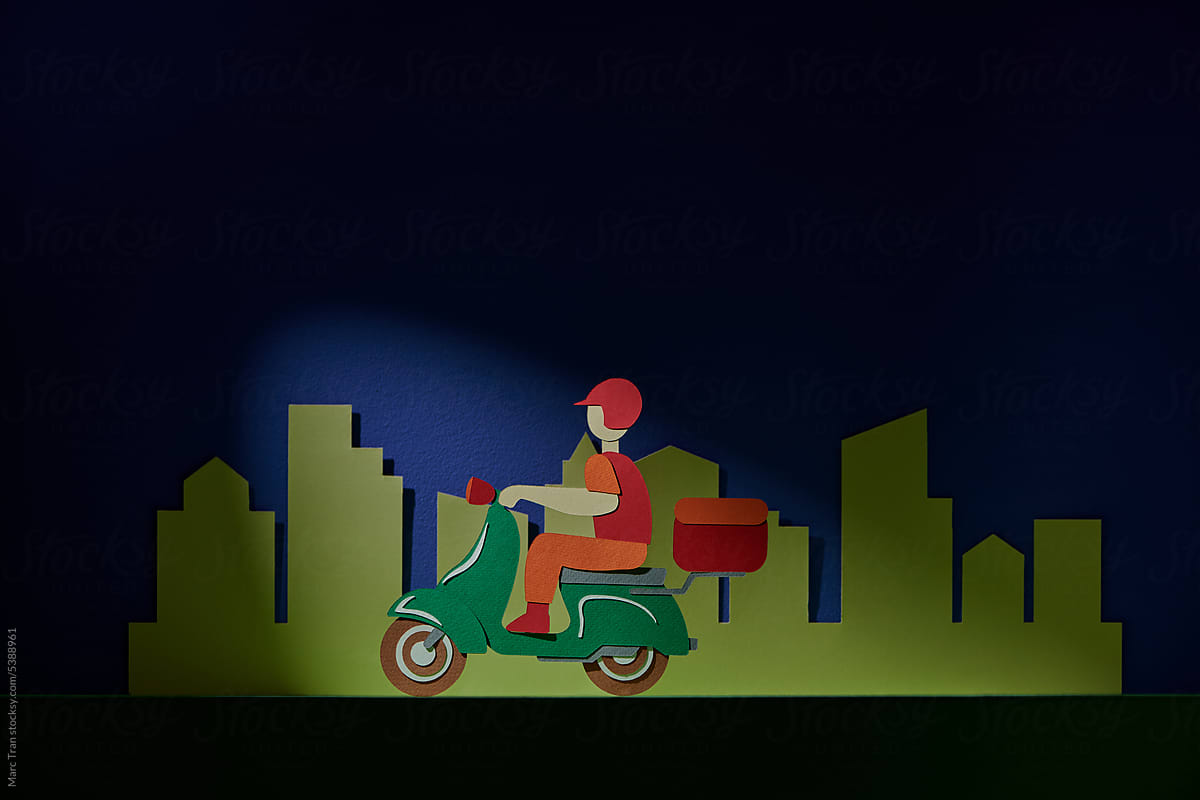 Motorbike for food delivery service online ordering concept