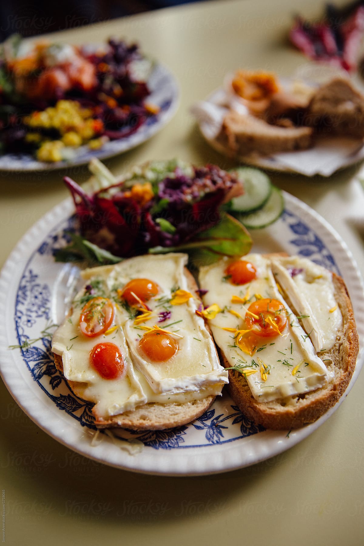 Cheese and tomatoes on toast with salad