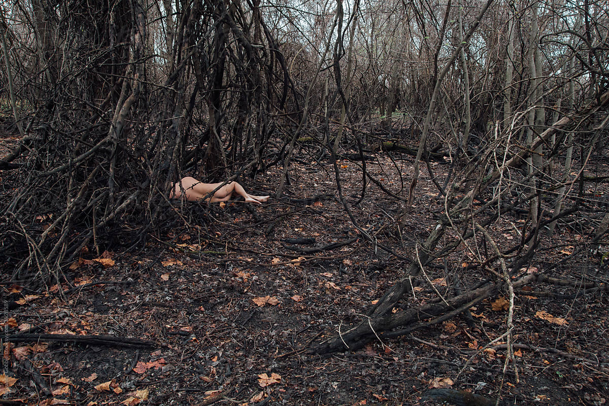 Tangled Nude Body in Dark Forest
