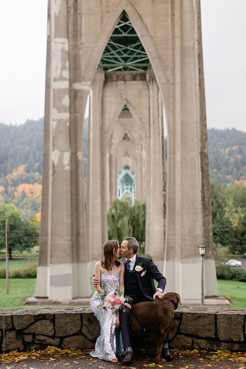 Kissing Bride and Groom in Portland