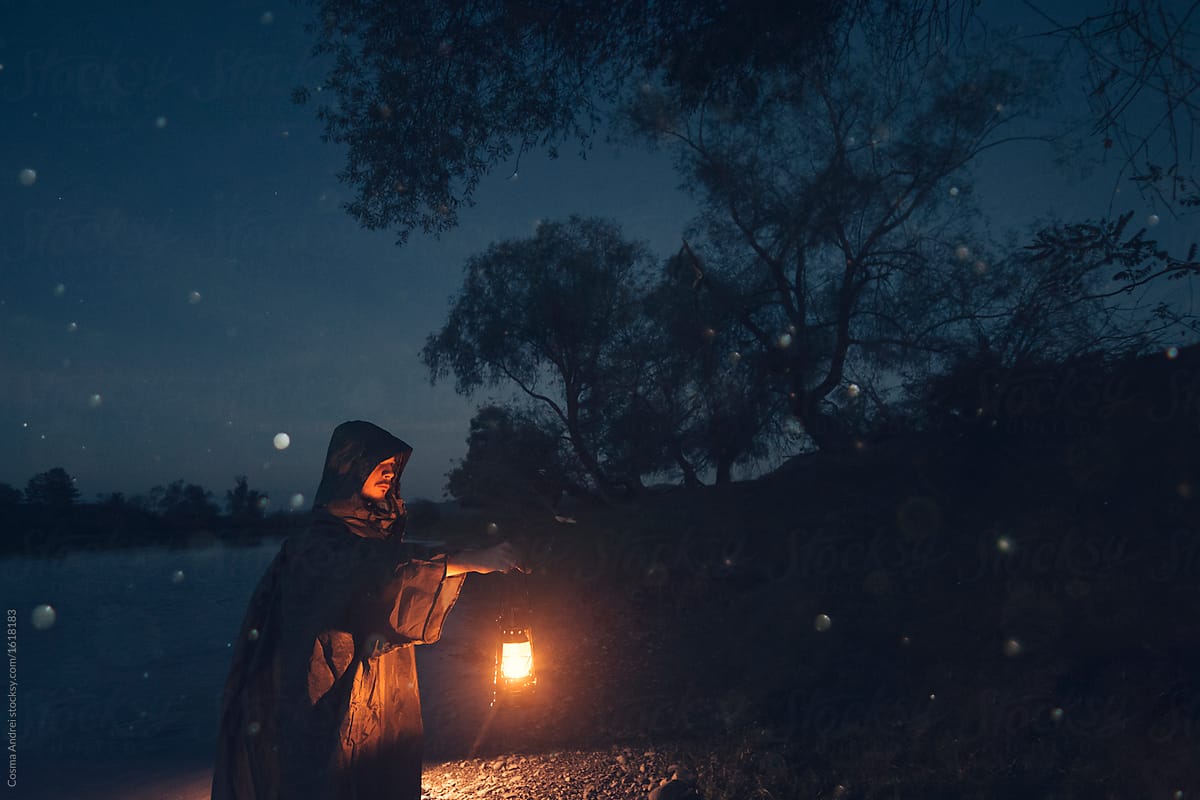 Man with lantern on Halloween night