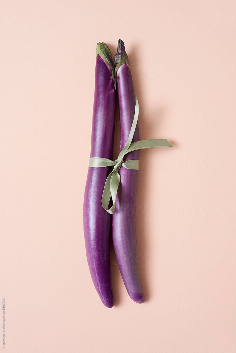 purple japanese eggplants tied with a ribbon