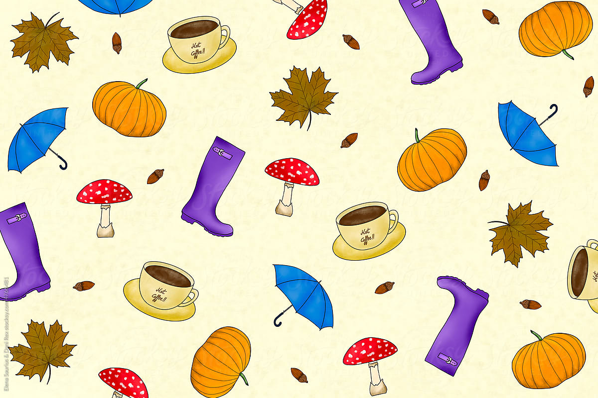 Illustration of autumn symbols: pumpkin,umbrella, leaf,mushroom,boots