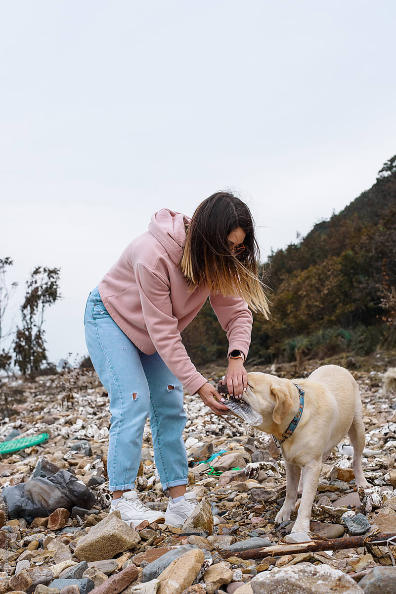 Female volunteer taking plastic bottle from dog
