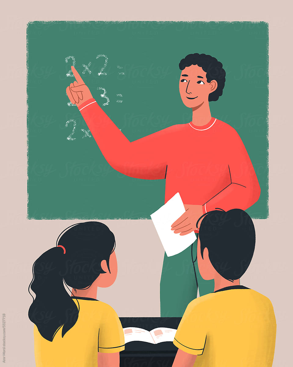 An illustration showcasing a teacher standing at the chalkboard