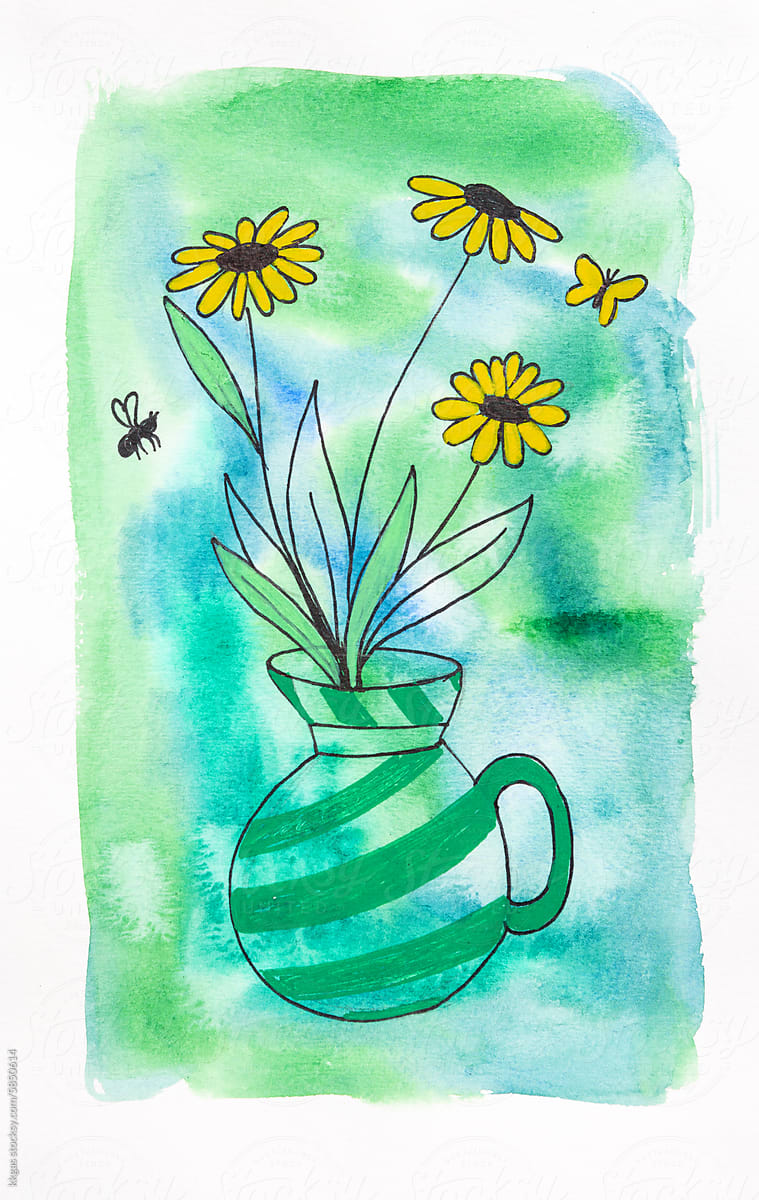 Jug of daisies watercolor art
