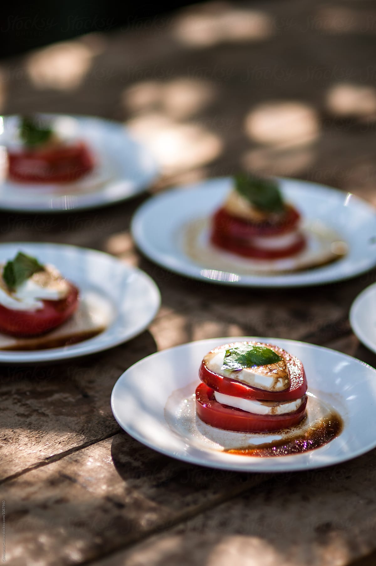 Goat cheese and tomato with basil entree plates on a rustic farm table