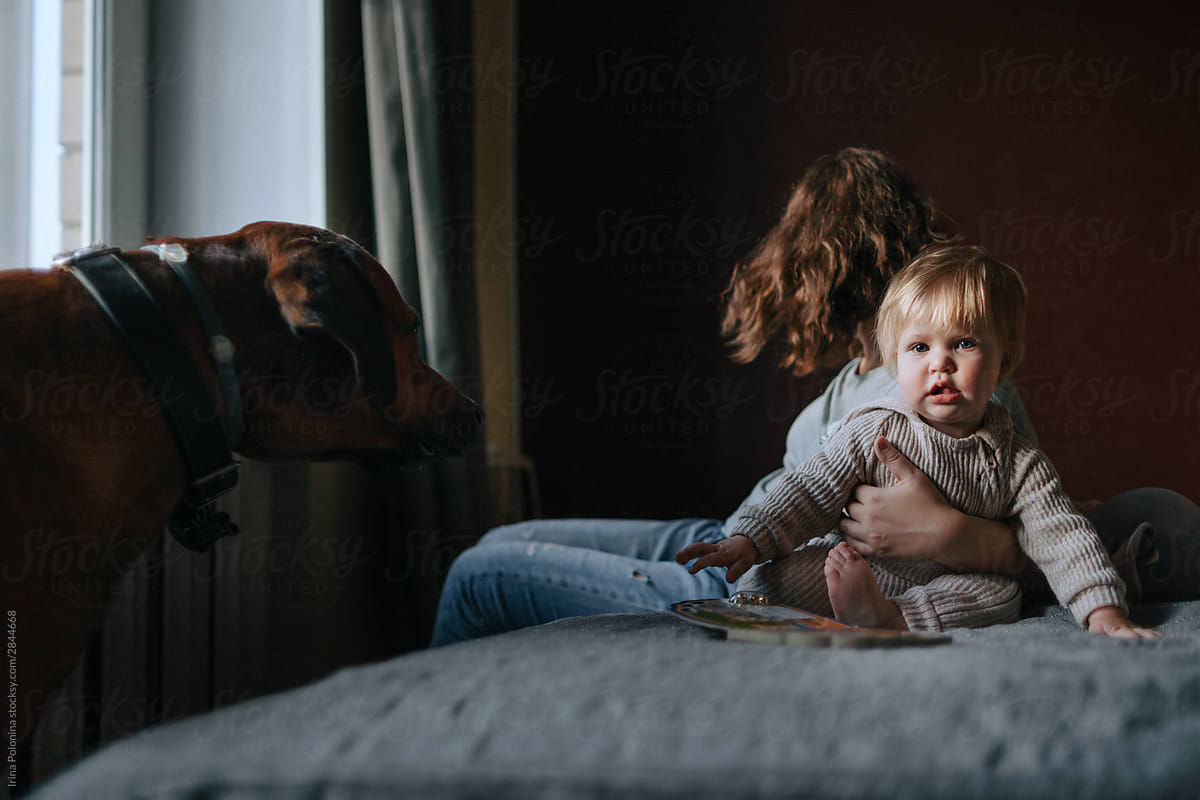 Family portrait of mom and baby with a dog