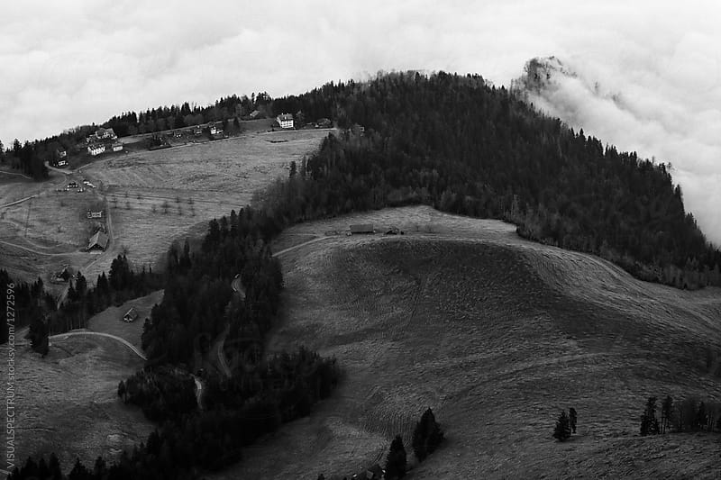 Black and White Shot of Swiss Alpine Landscape With Sea of Fog