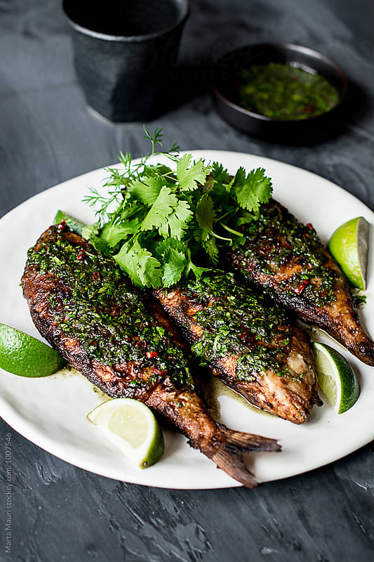 Fried sea bream with coriander, chily and fish sauce