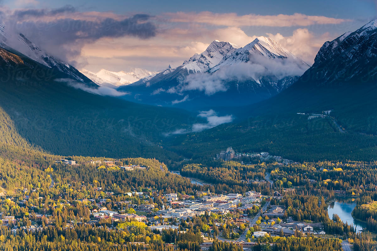 Elevated view of Banff townsite, Rocky mountains, Banff National Park, Alberta, Canada, North America