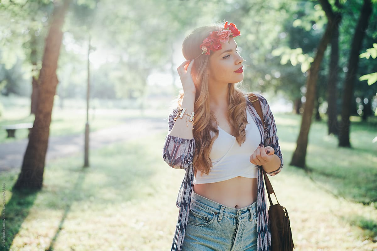 Beautiful Bohemian Woman With Flower Crown At The Park Del 1111