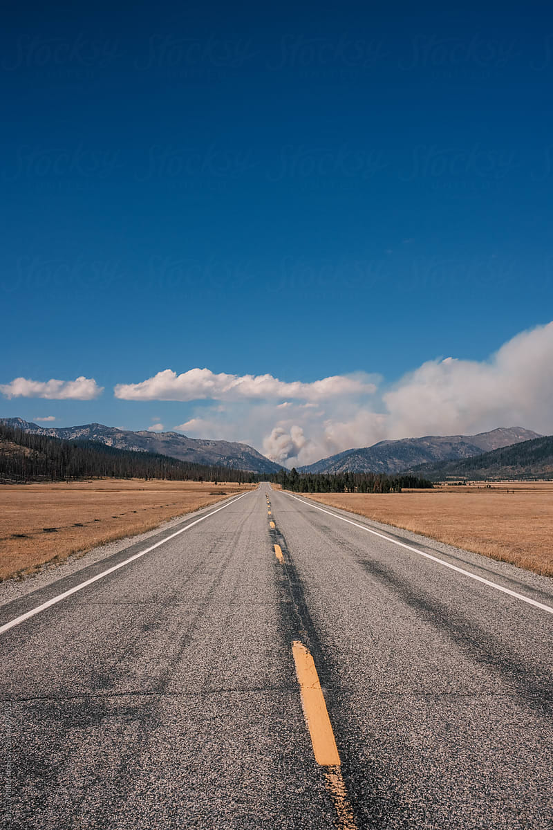 Highway heading toward a wildfire