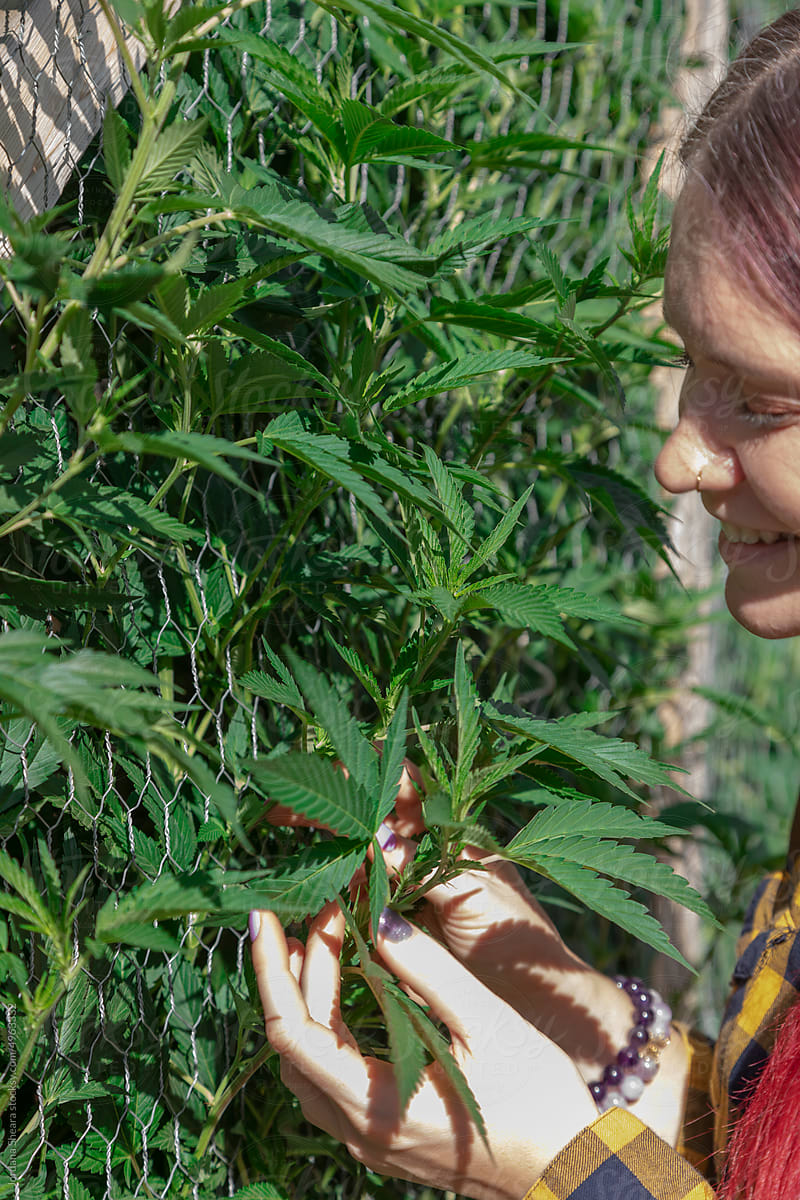 Woman in her home garden with her hemp plant