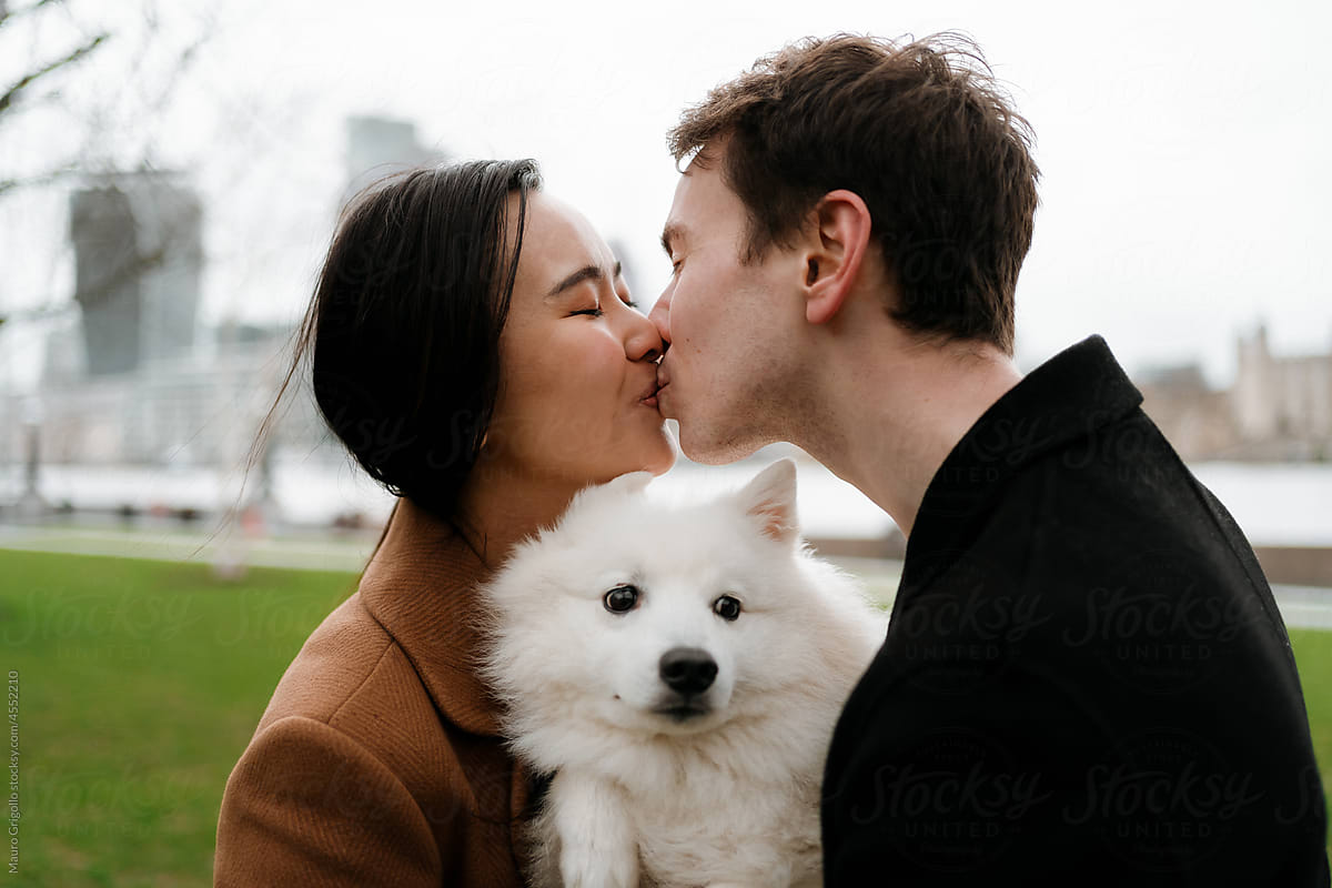 Lovers with a dog kissing outdoor