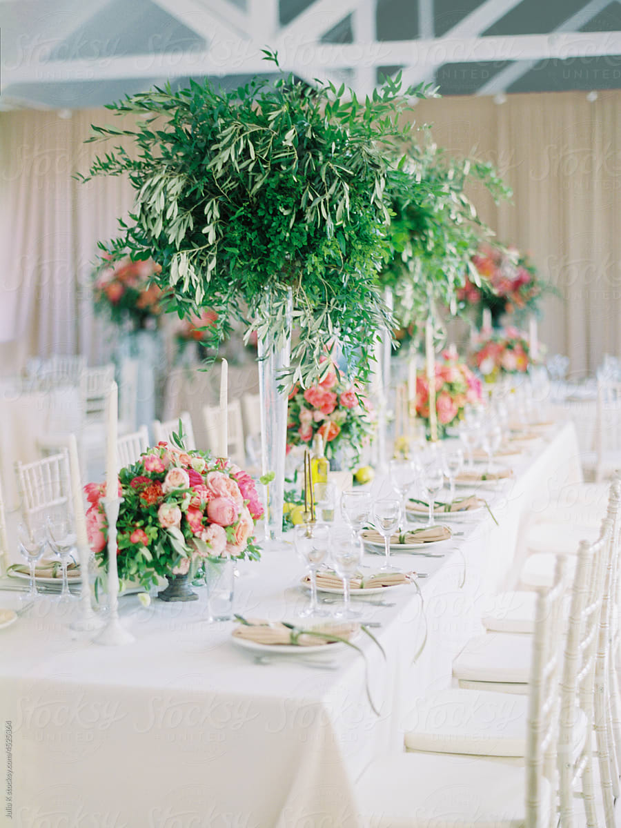 Wedding Reception With Tableware And Flowers