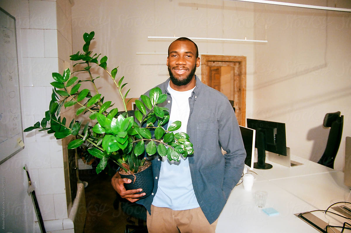 Man in the office holding a home plant