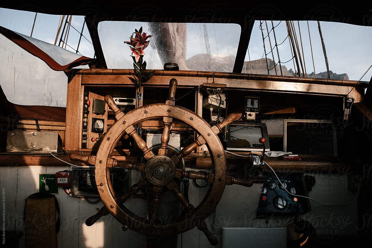 Wooden Steering Wheel Interior Of The Captain S Cabin Of A