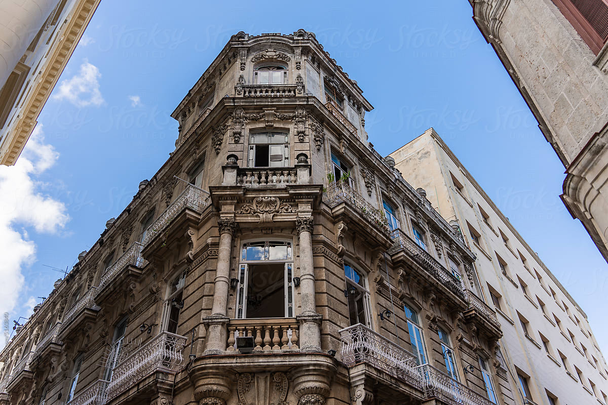 Facade With Balconies In La Havana, Cuba.