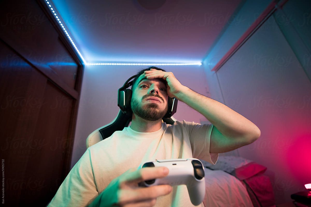 Stressed gamer during intense online competition