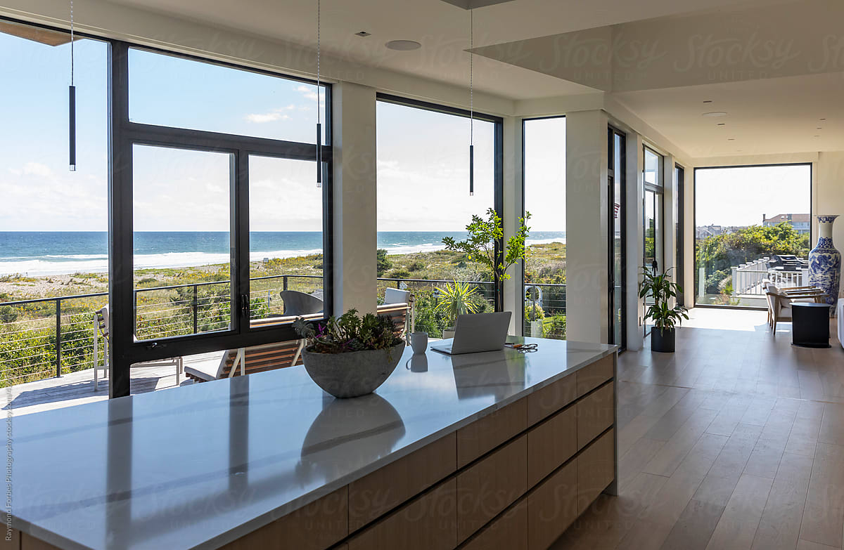 Laptop on kitchen island in Home by the Ocean