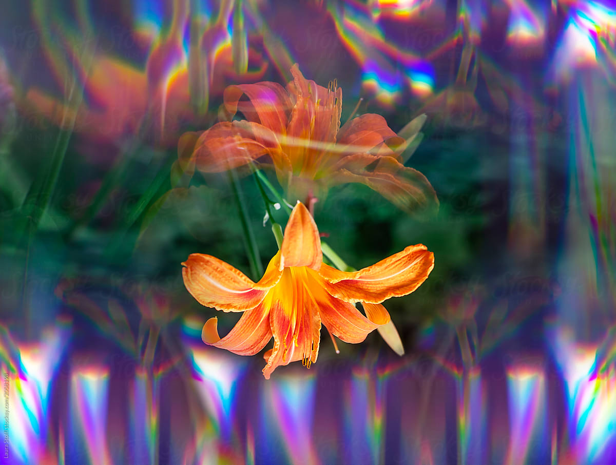 Surreal orange wild lily with reflections and rainbow flares