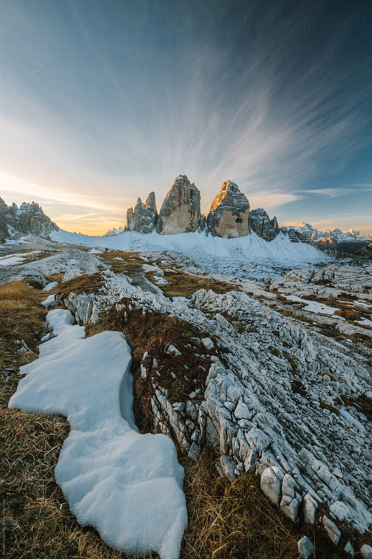 three pinnacles at sunrise in the italian alps