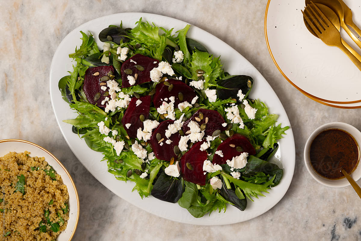 Easy fall beet salad with feta cheese and greens