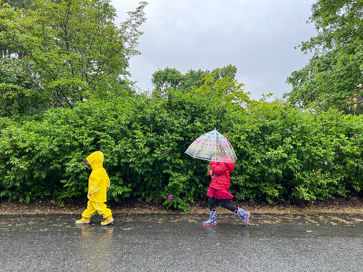 Children Wearing Rain Coats Walk Outside in the Rain
