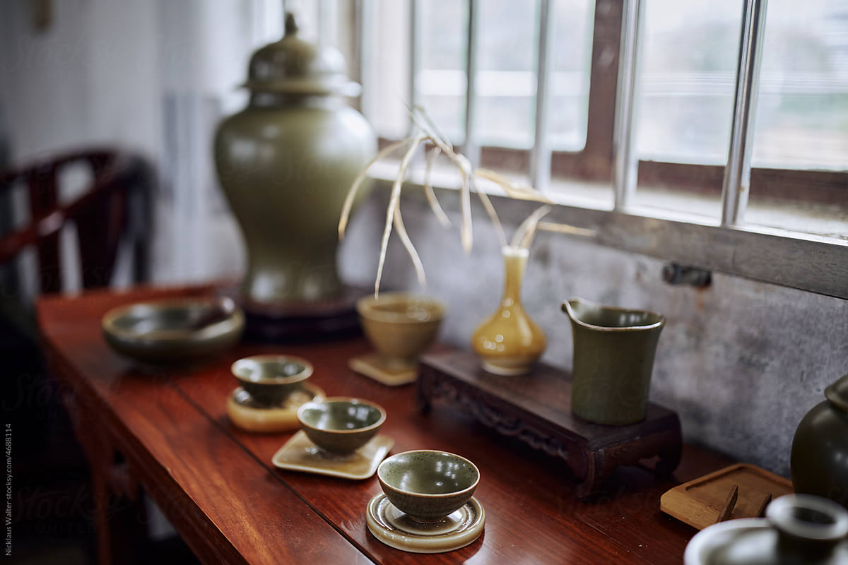 Handmade Ceramic Pottery On A Studio Shelf In Anhui, China.