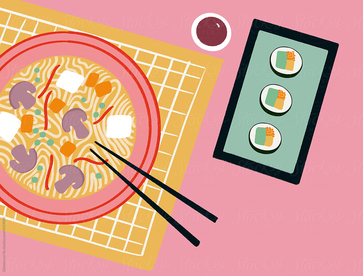 Japanese food. Vegetarian Ramen and sushi maki illustration