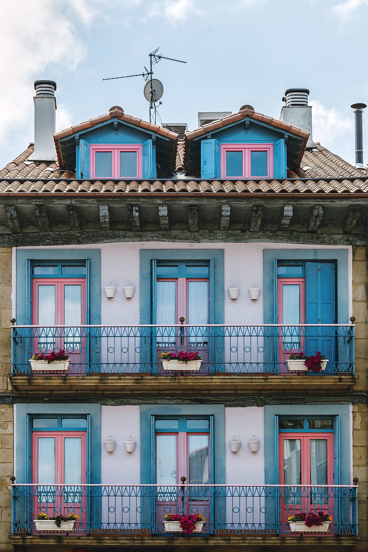 Old Facade with Balconies in Hondarribia, Basque Country, Spain