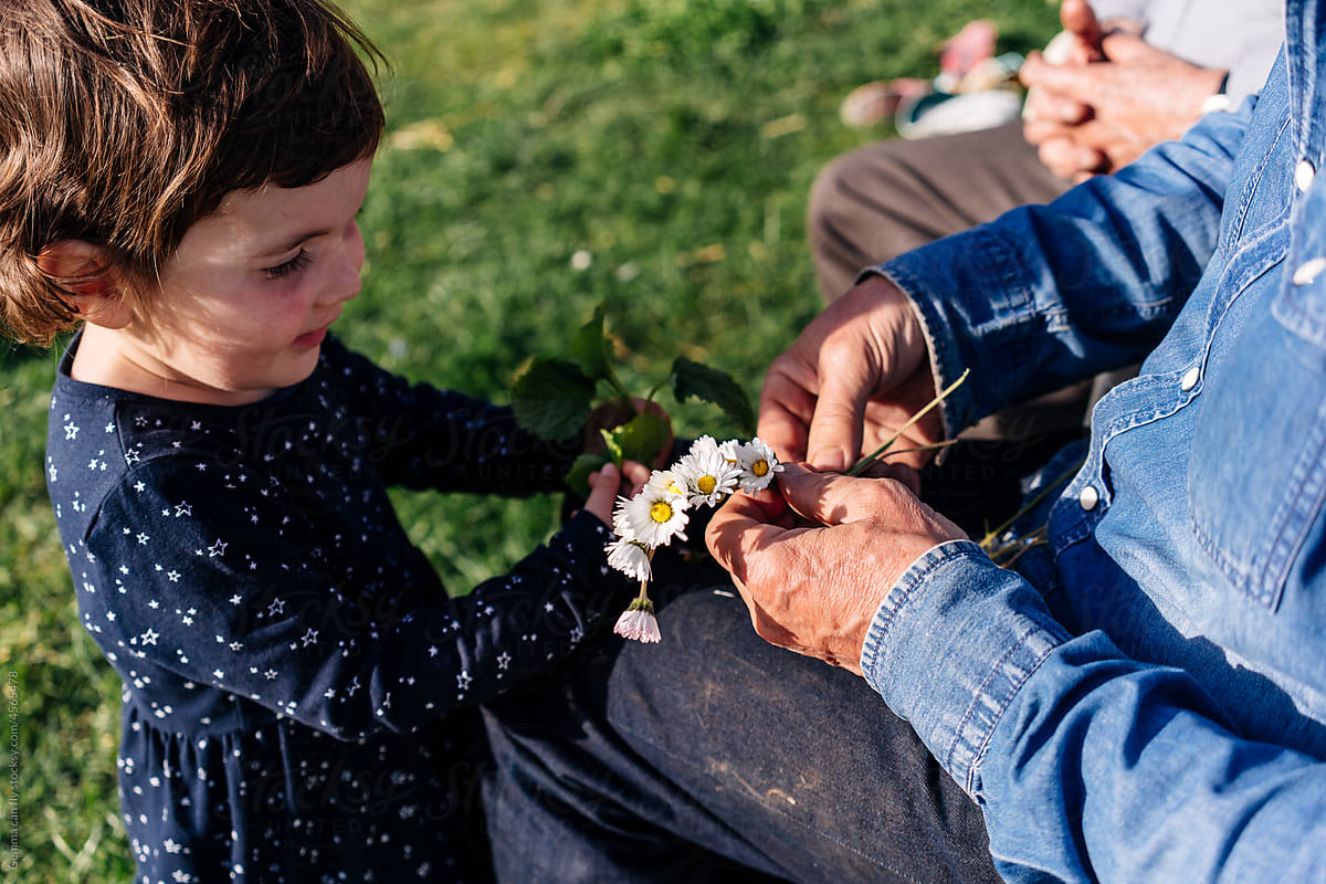 Grandfather making a daisy headband for a little girl