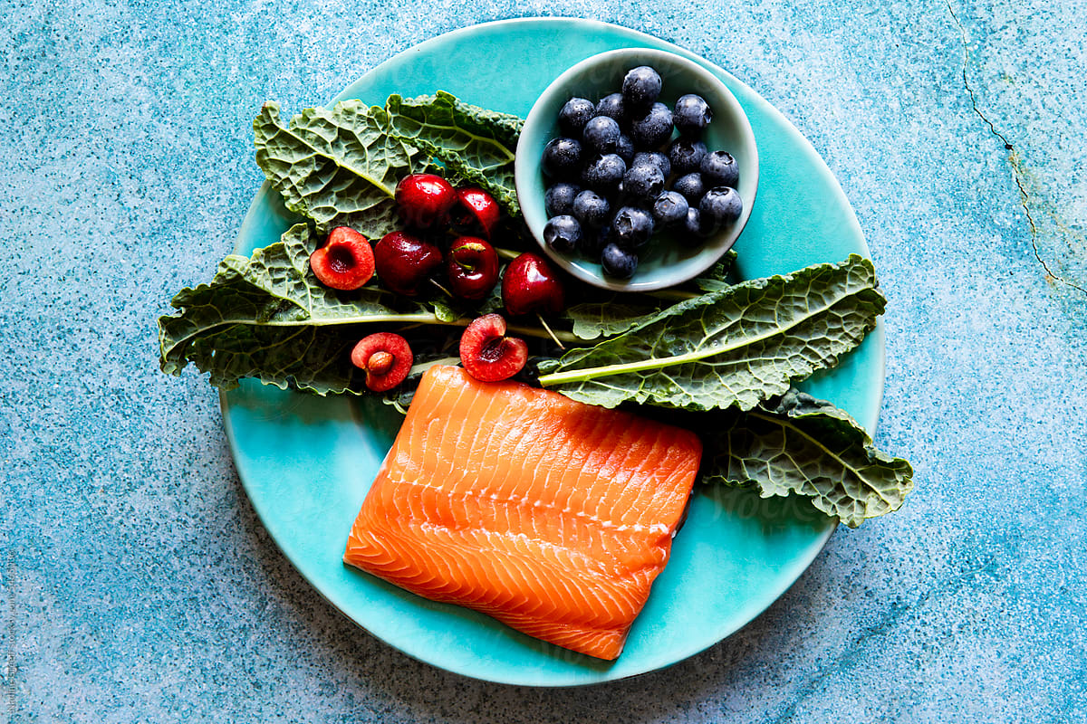 Fresh salmon with fresh food ingredients