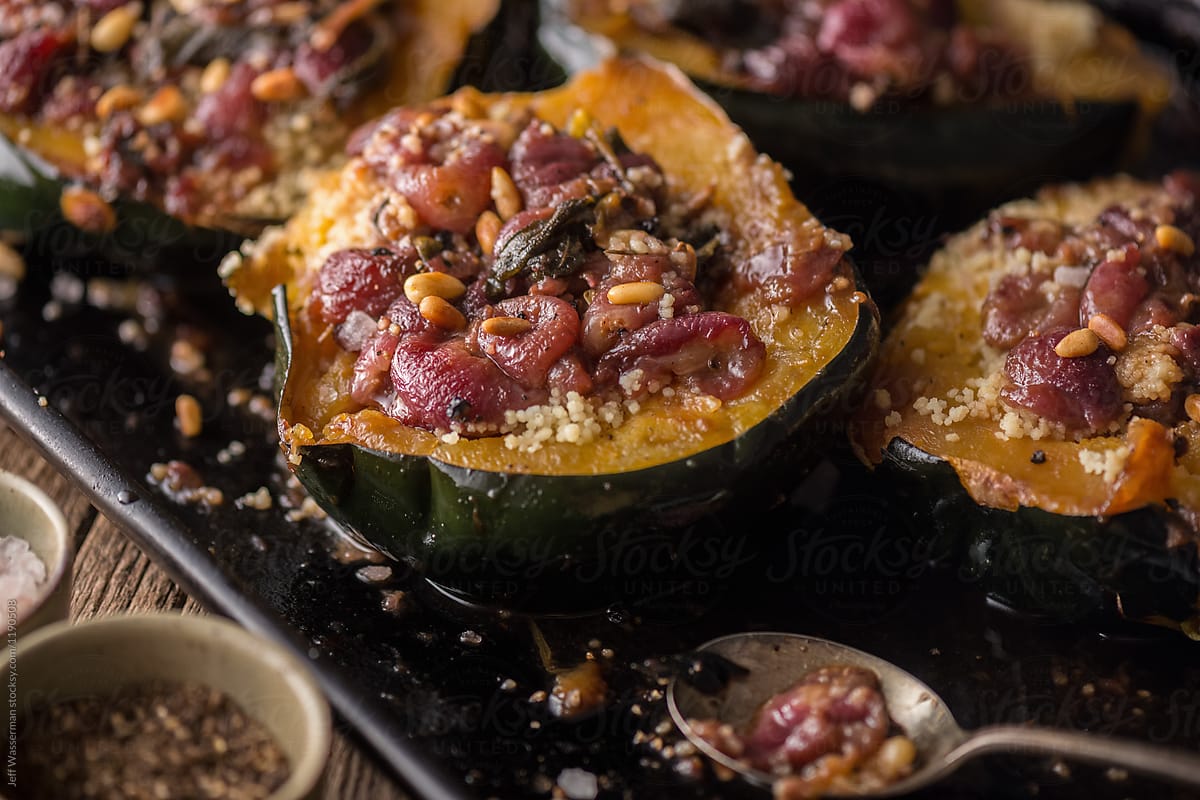 Roast Squash Stuffed with Sage, Roasted Cherries and Coucous