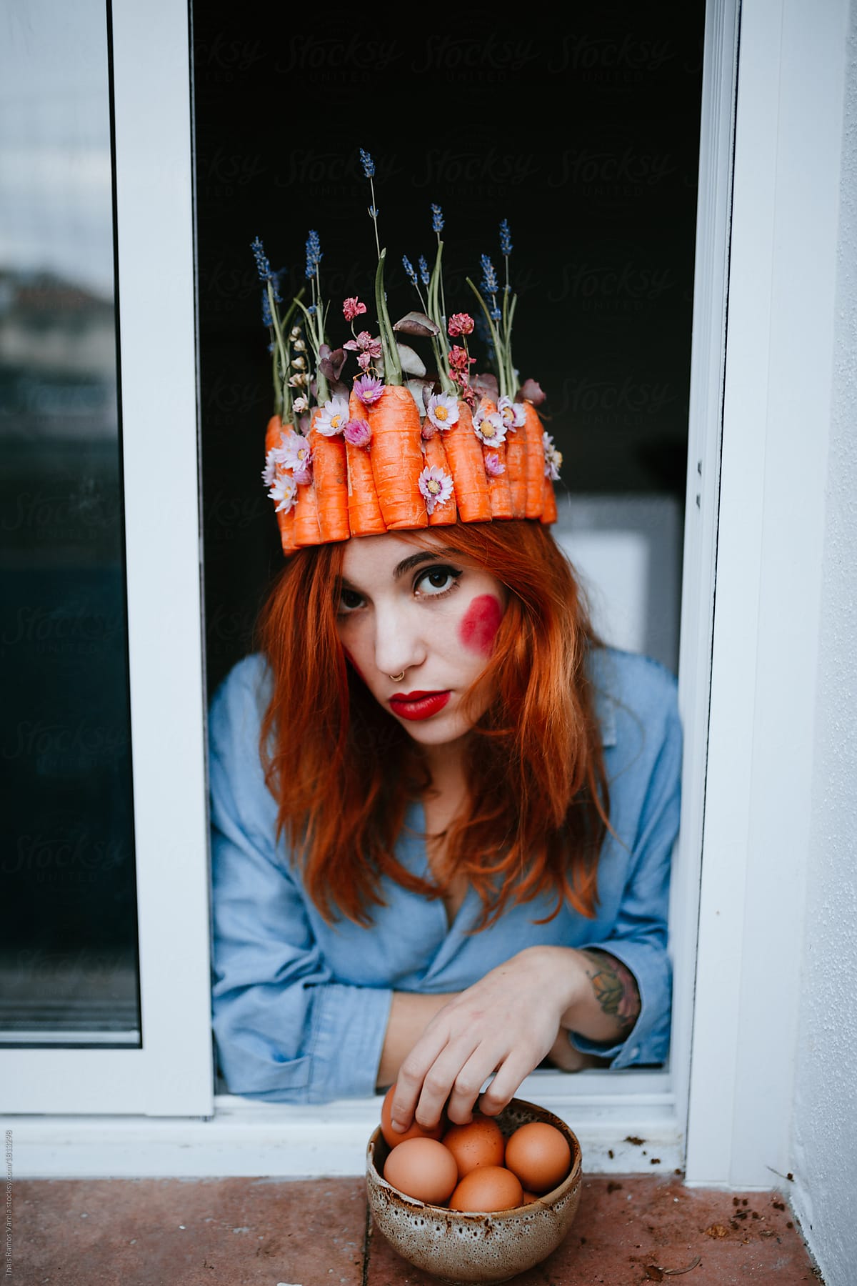 Portrait Of A Redhead Woman Wearing A Carrot Crown At The Window By 