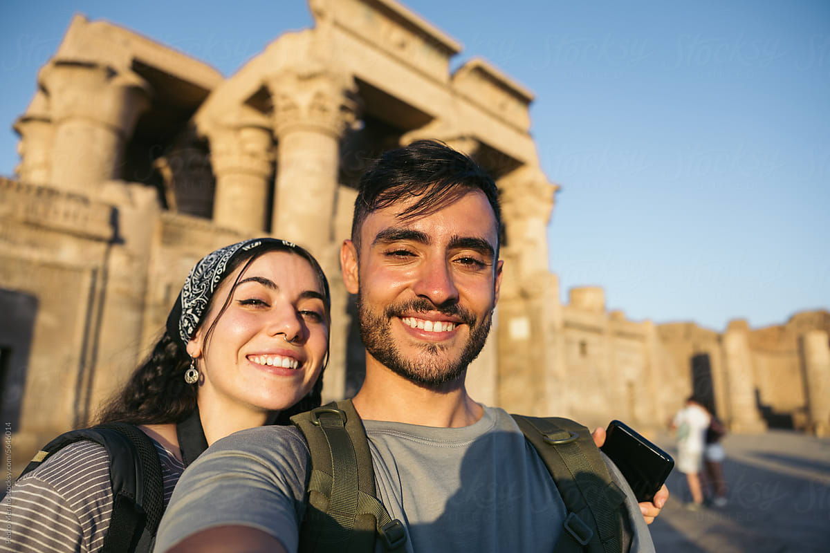 Selfie of a young couple at the Kom Ombo Temple, Egypt.