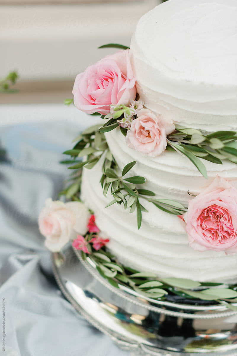 Wedding Cake with Greenery and Roses