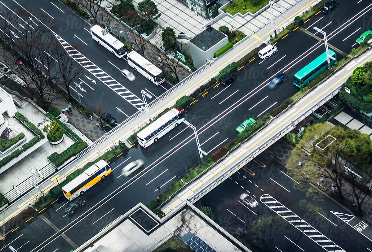 Crossing bridged roads in Shinjuku, Tokyo, Japan