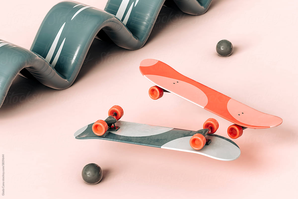 two Skateboards and grey spheres  on pink background