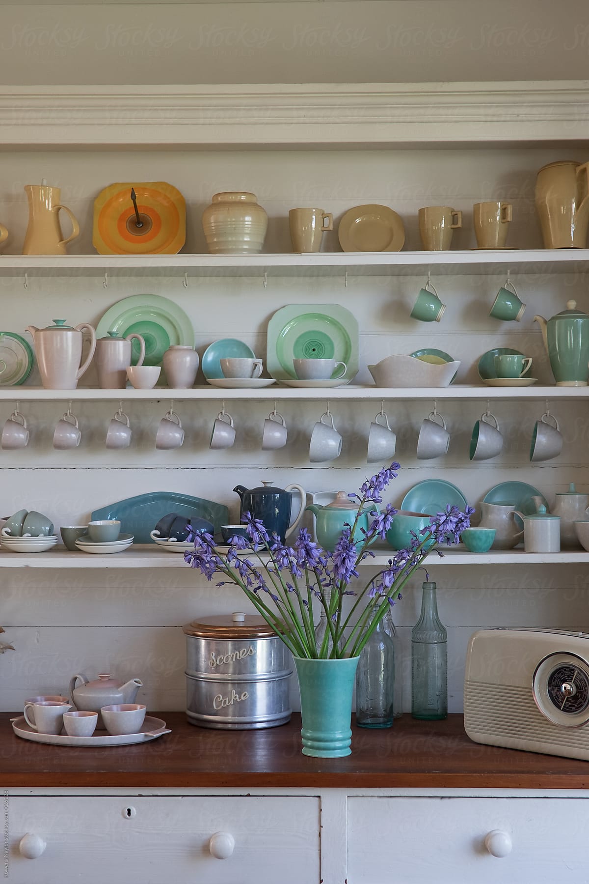 Collection of vintage pottery in country homestead