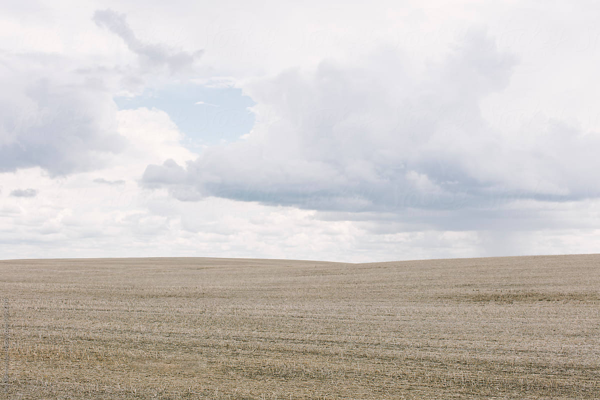 Fallow farmland and storm clouds over horizon, near Eastend, Saskatchewan, Canada
