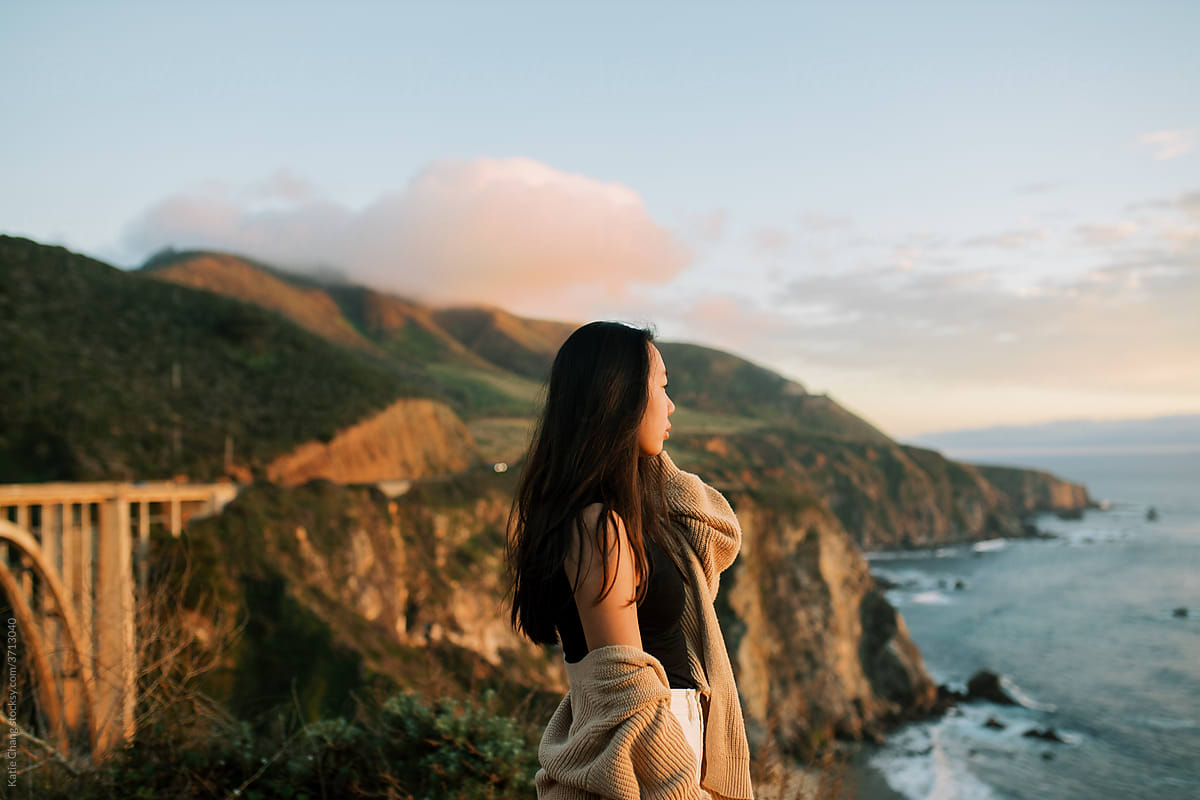 Girl Side Profile In Big Sur During Sunset