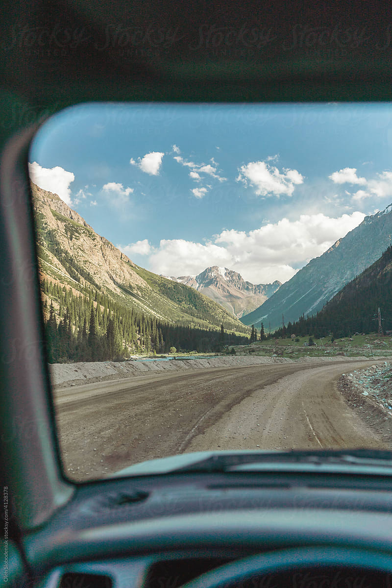 Scenic view of mountains in Kyrgyzstan from car
