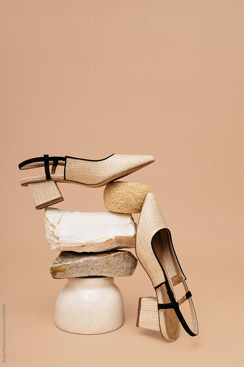Fashion still life concept. Composition with shoe and spa supplies