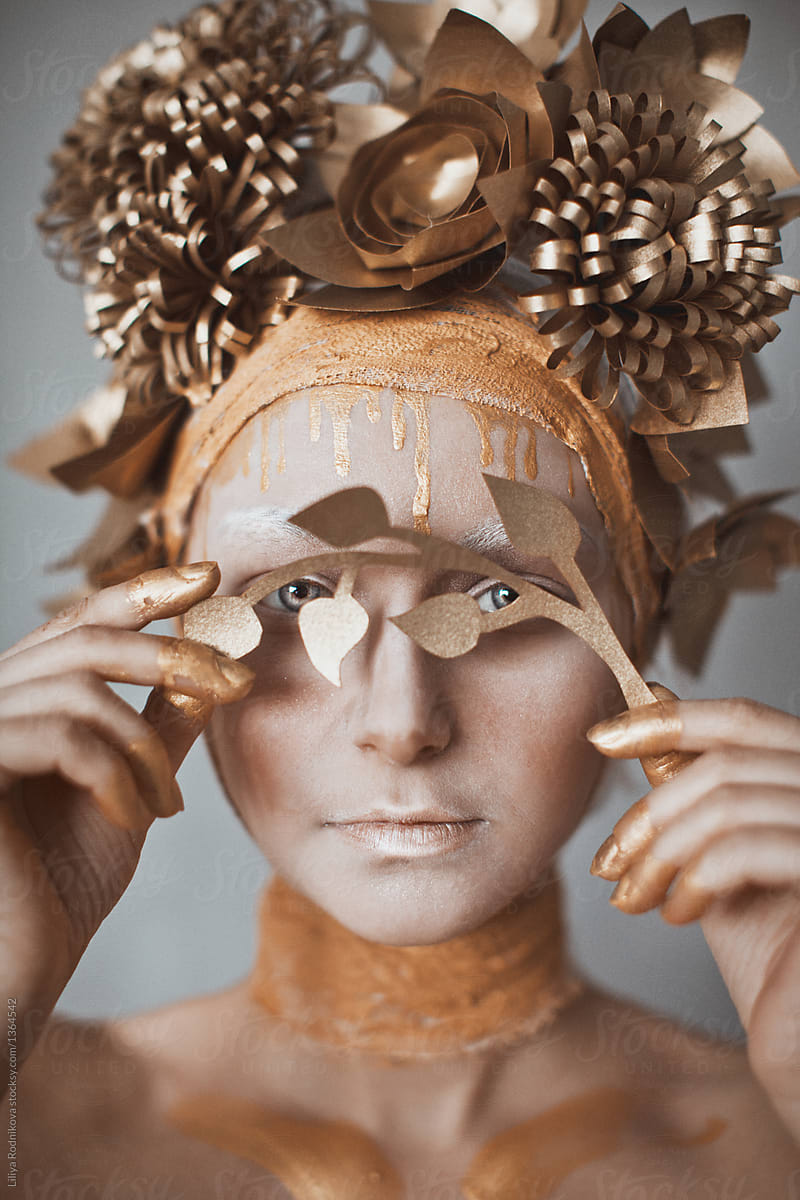 Conceptual Portrait Of Woman With Golden Flowers Crown Del 6236