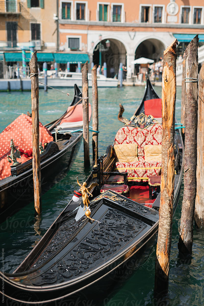 Traditional Venetian gondolas moored to wooden poles on Grand Canal