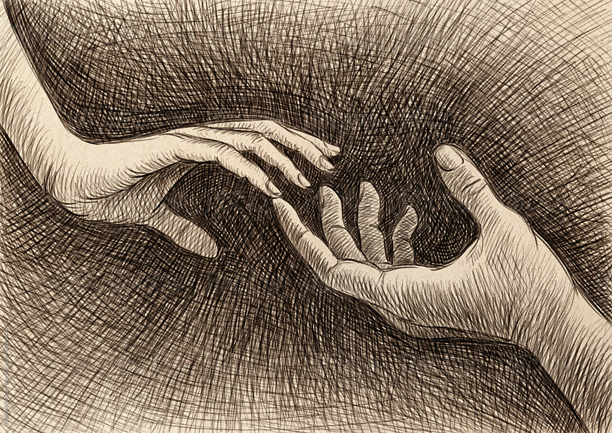 Monochrome illustration of man and woman hands touching