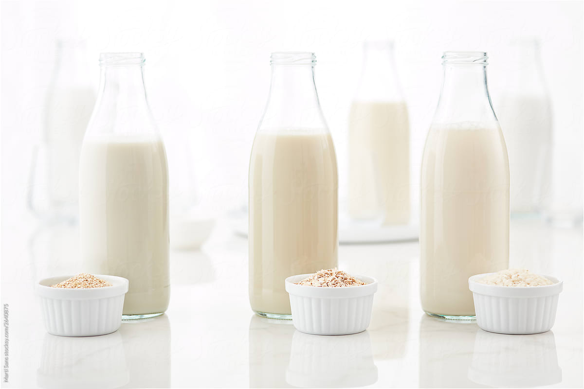 Bottles of vegan grain milk